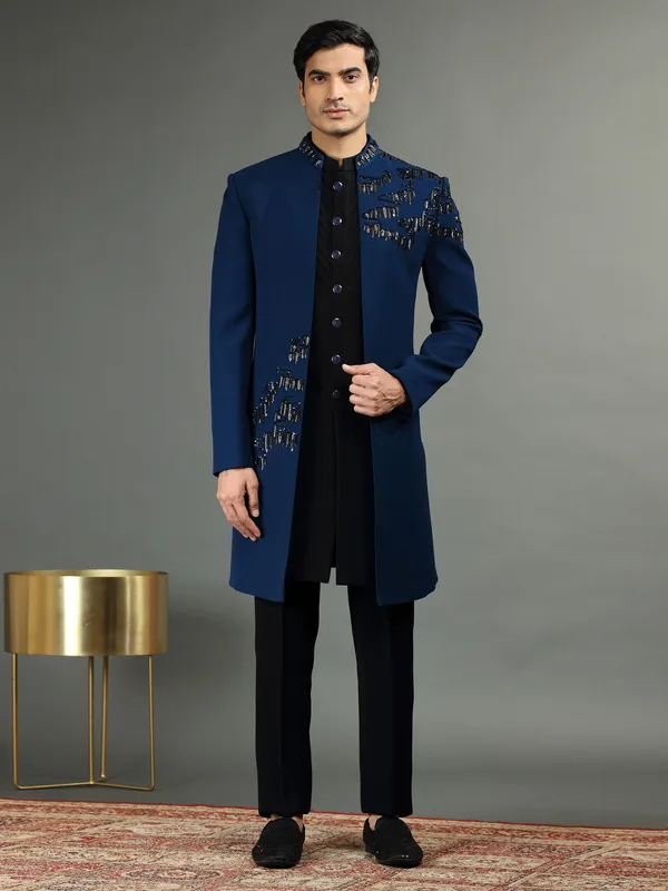 Blue and black indowestern in terry rayon