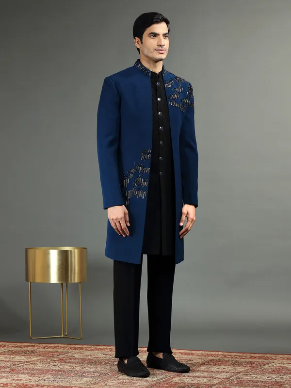 Blue and black indowestern in terry rayon