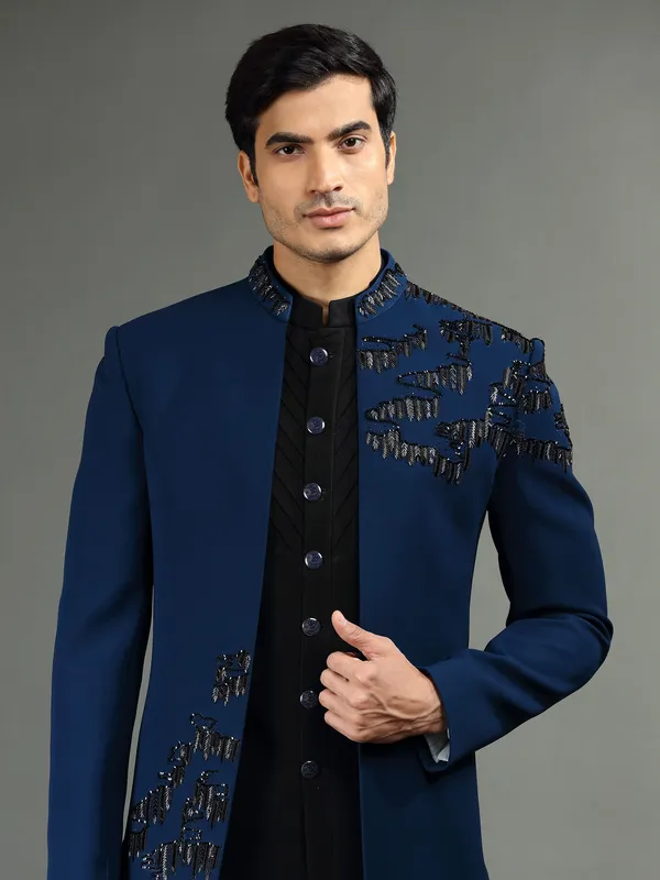 Blue and black indowestern in terry rayon