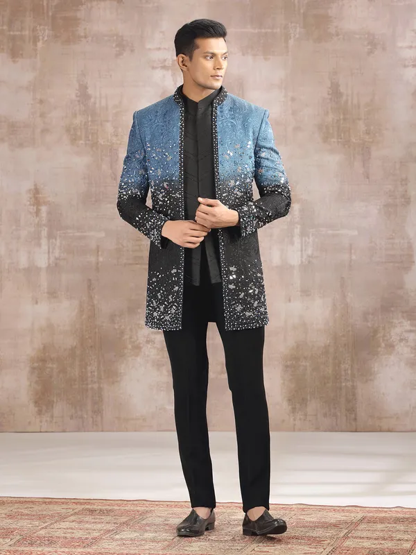 Blue and black shaded silk indo western with aabla work