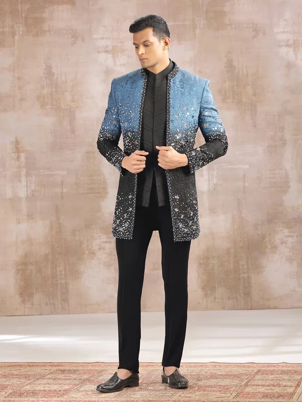 Blue and black shaded silk indo western with aabla work