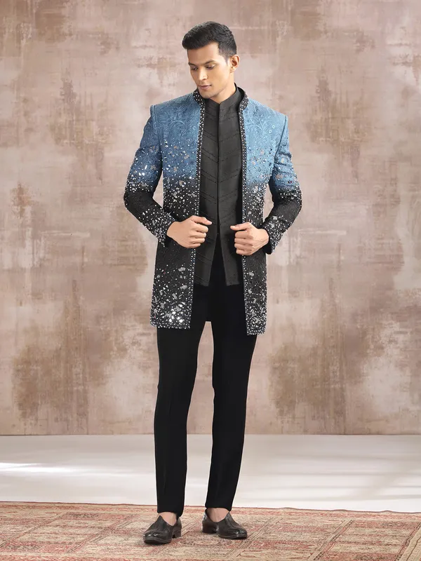 Blue and black shaded silk indo western with aabla work