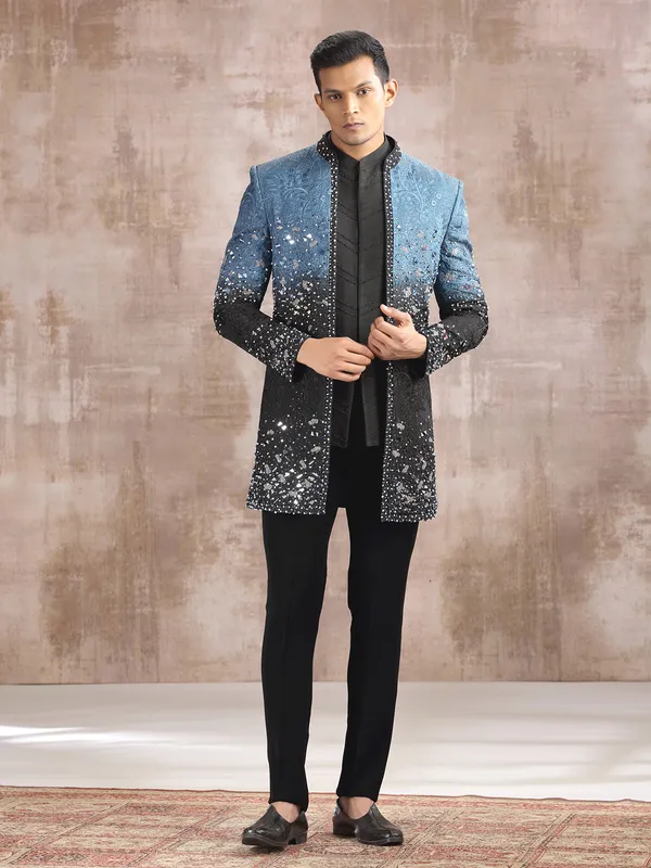 Blue and black shaded silk indo western with aabla work