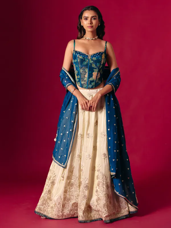 Blue and cream silk dupatta lehenga choli