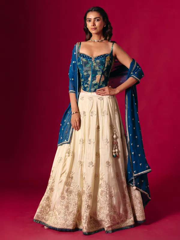 Blue and cream silk dupatta lehenga choli