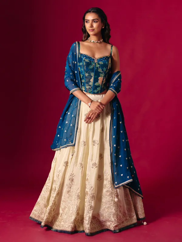 Blue and cream silk dupatta lehenga choli