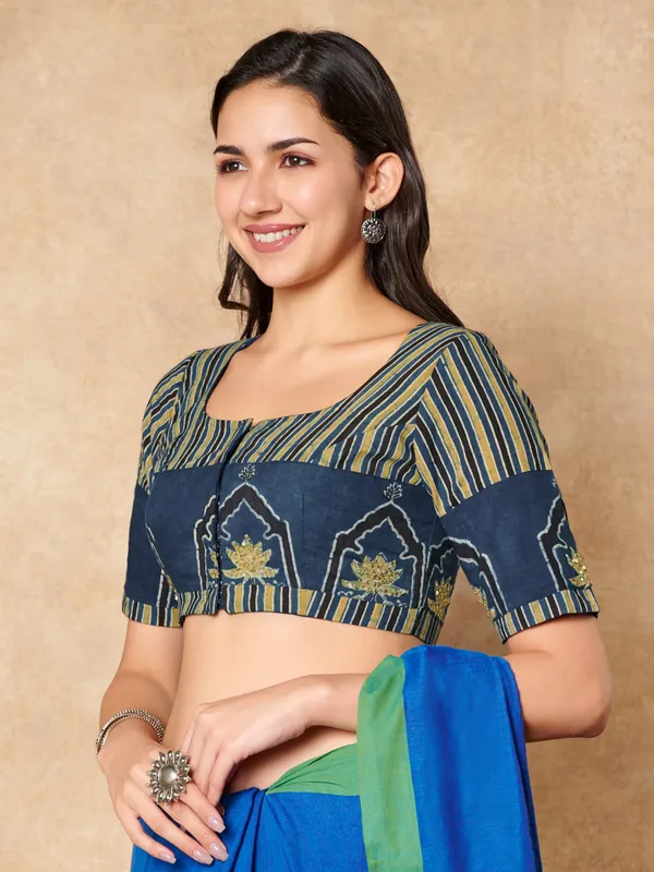 Blue and green printed ajrakh printed cotton ready made blouse