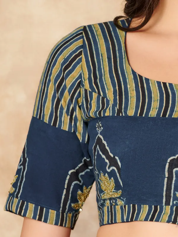Blue and green printed ajrakh printed cotton ready made blouse