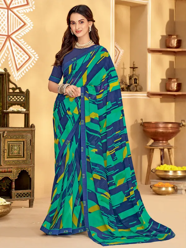Blue and green printed georgette saree
