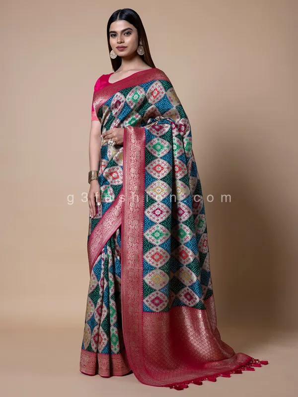 Blue and green dola silk printed saree