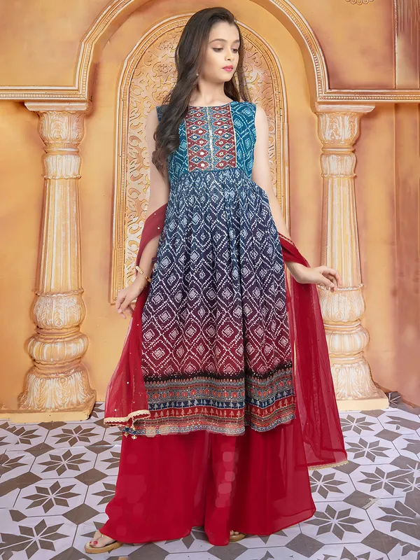 Blue and maroon shaded georgette palazzo suit