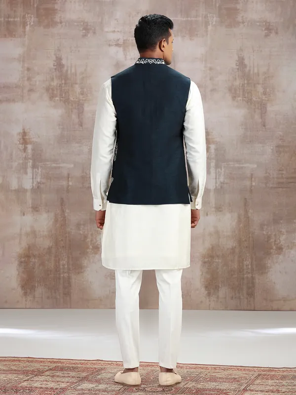 Blue and off white silk waistcoat set