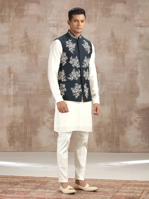 Blue and off white silk waistcoat set