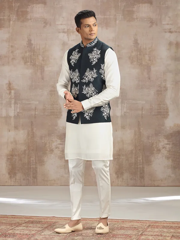 Blue and off white silk waistcoat set