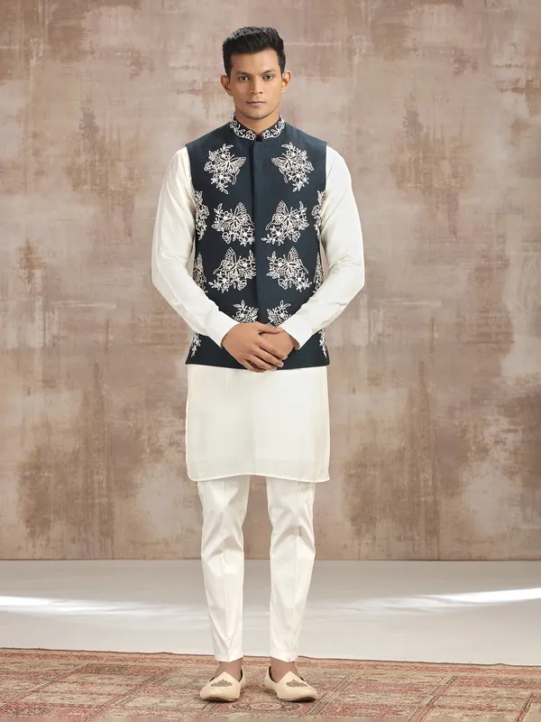 Blue and off white silk waistcoat set