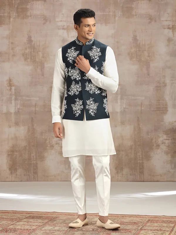 Blue and off white silk waistcoat set