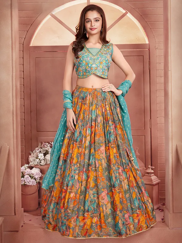 Blue and orange georgette lehenga choli