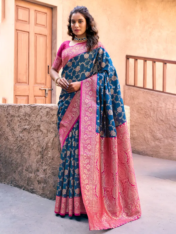 Blue and pink silk saree with radiant zari weaving