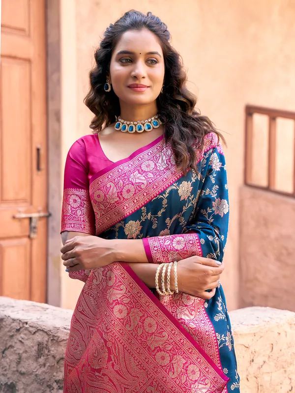 Blue and pink silk saree with radiant zari weaving