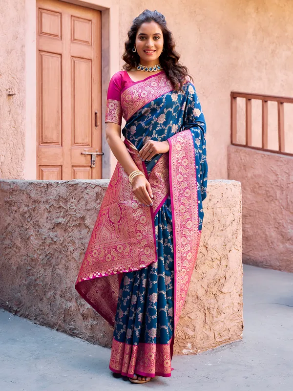 Blue and pink silk saree with radiant zari weaving