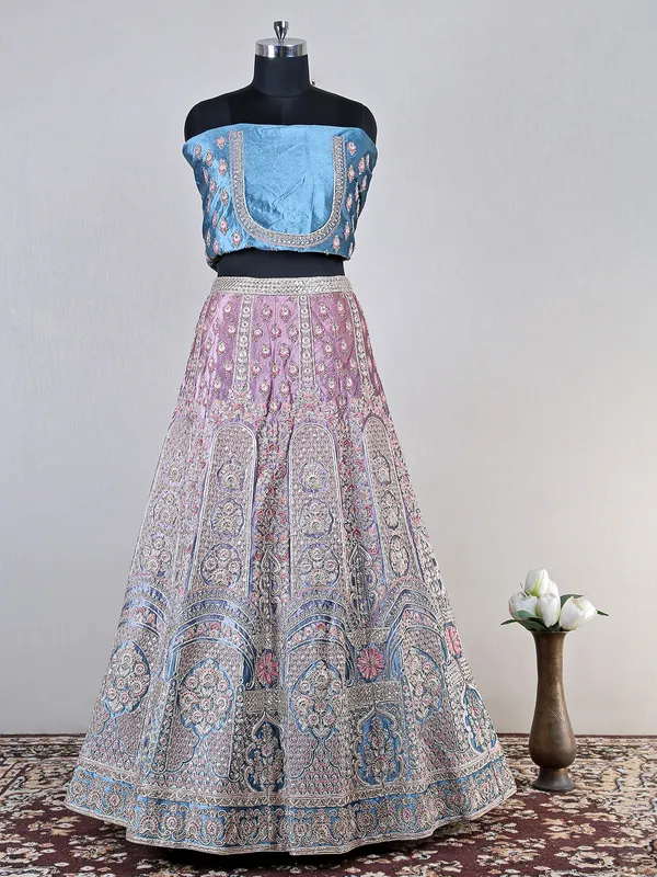 Blue and pink velvet lehenga choli for wedding