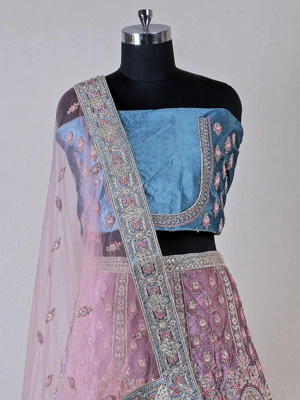 Blue and pink velvet lehenga choli for wedding