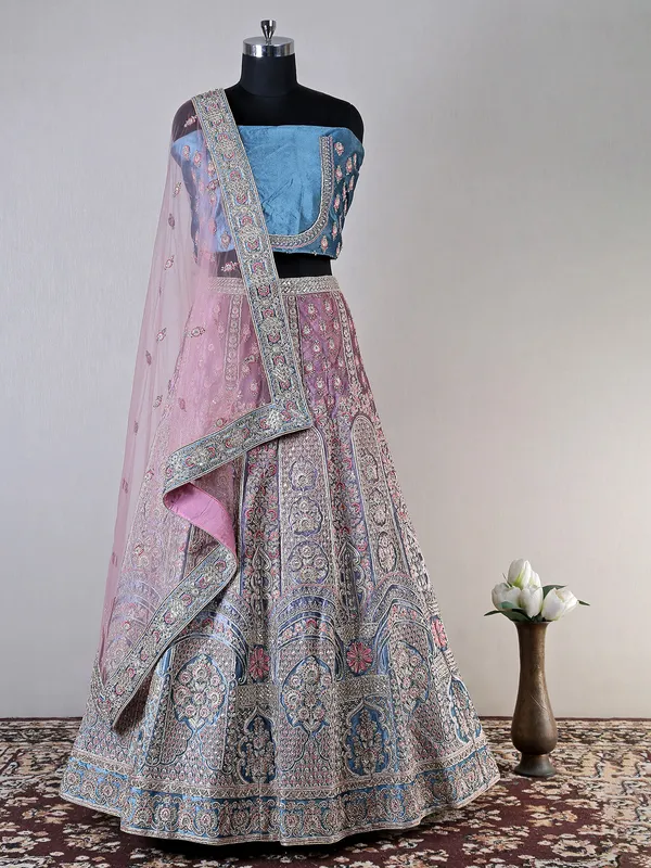 Blue and pink velvet lehenga choli for wedding