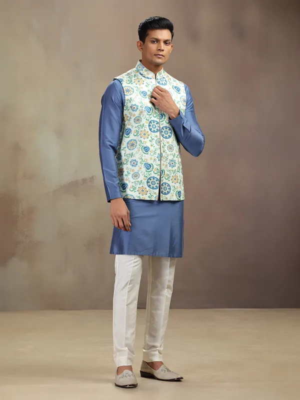 Blue and pista printed banarasi silk waistcoat set