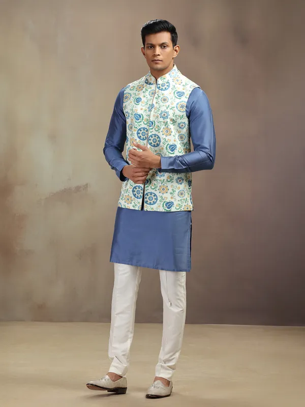 Blue and pista printed banarasi silk waistcoat set
