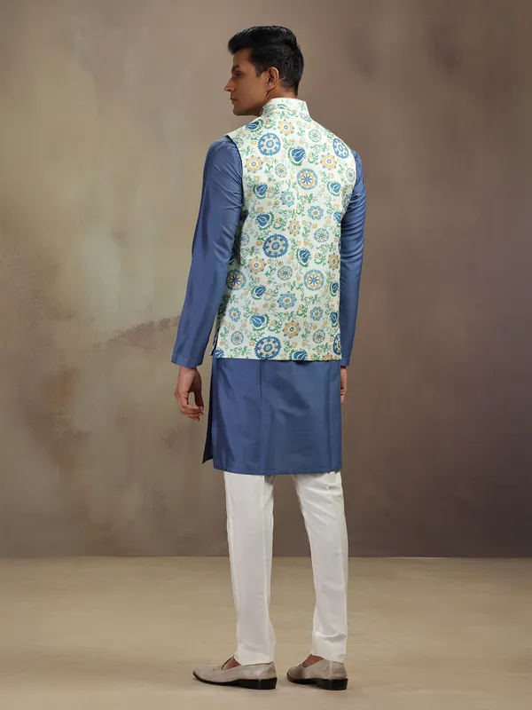Blue and pista printed banarasi silk waistcoat set
