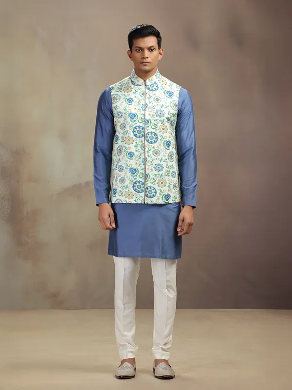 Blue and pista printed banarasi silk waistcoat set