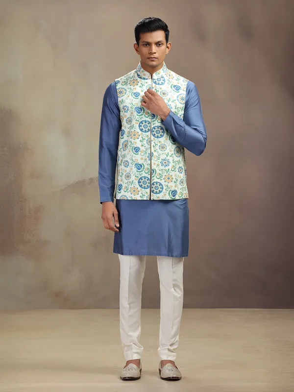 Blue and pista printed banarasi silk waistcoat set