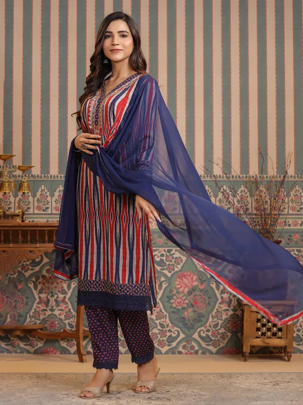 Blue and red silk printed kurti set