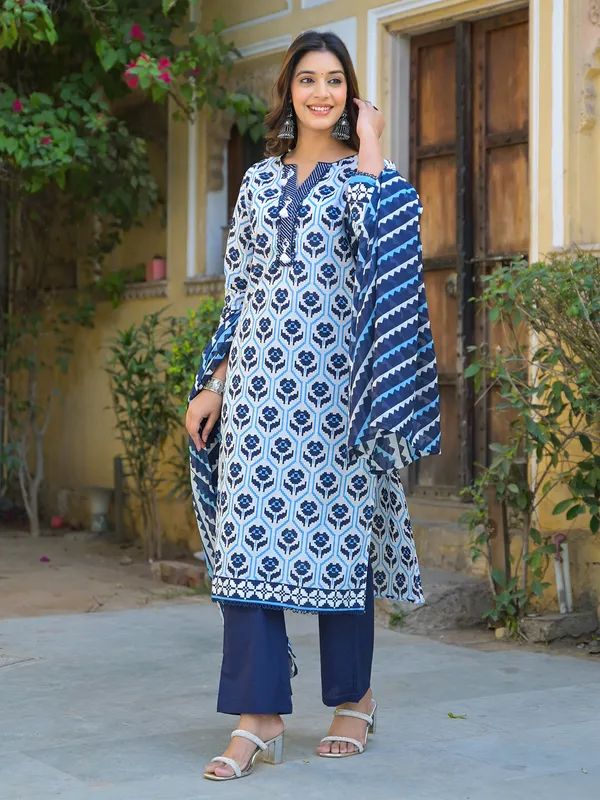 Blue and white cotton kurti set for women