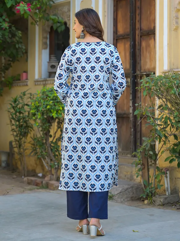 Blue and white cotton kurti set for women