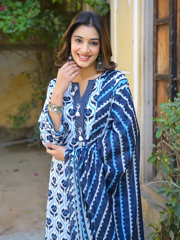 Blue and white cotton kurti set for women