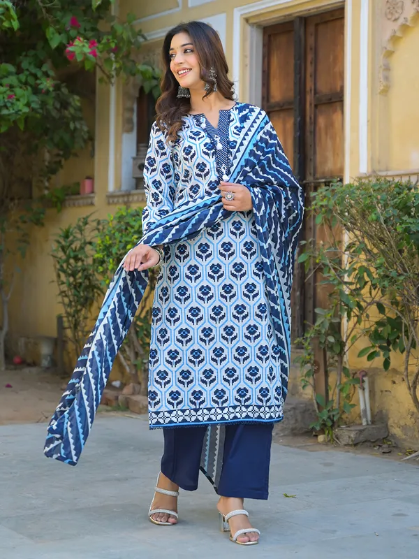 Blue and white cotton kurti set for women