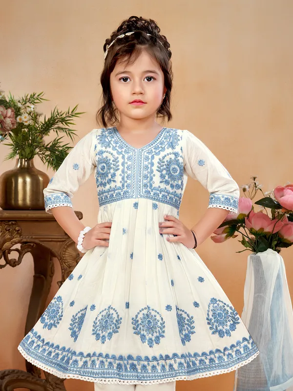 Blue and white cotton silk salwar suit with V neck