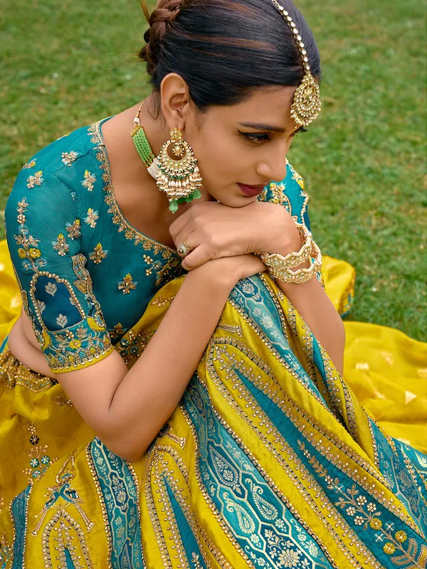 Blue and yellow silk unstitched lehenga choli