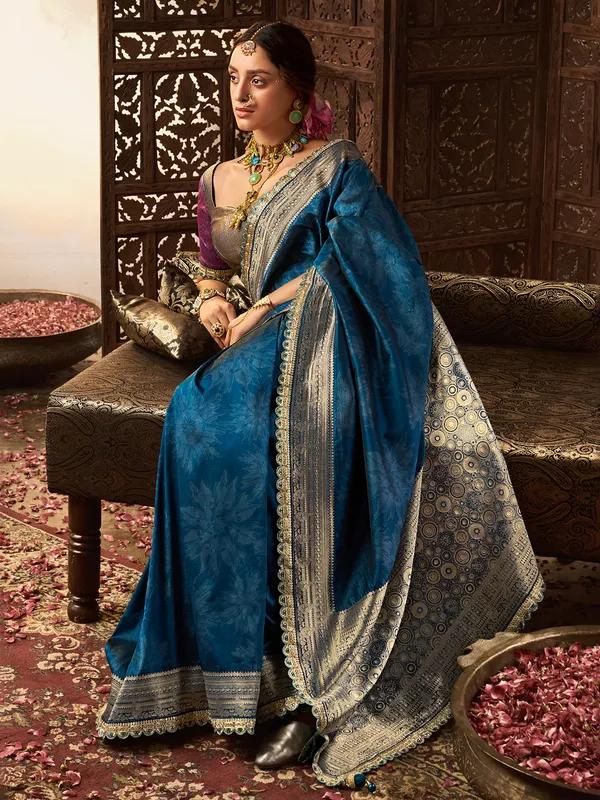 Blue banarasi silk saree for women wedding wear