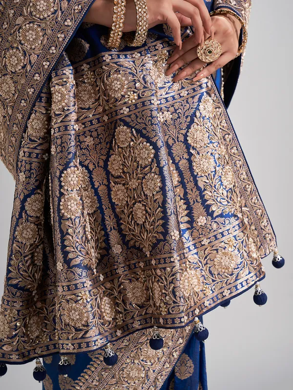 Blue banarasi silk saree with intricate traditional zari work