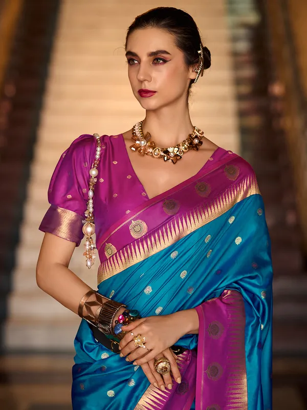 Blue banarasi silk saree with pink dupatta