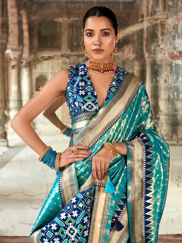 Blue banarasi silk saree with printed pallu