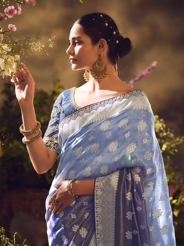 Blue banarasi tissue saree with intricate traditional work