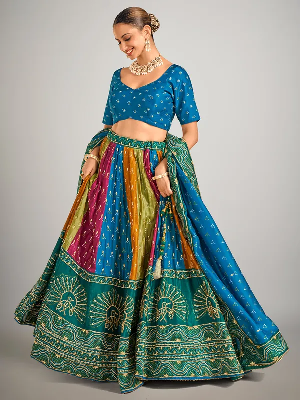 Blue bandhej print silk lehenga choli