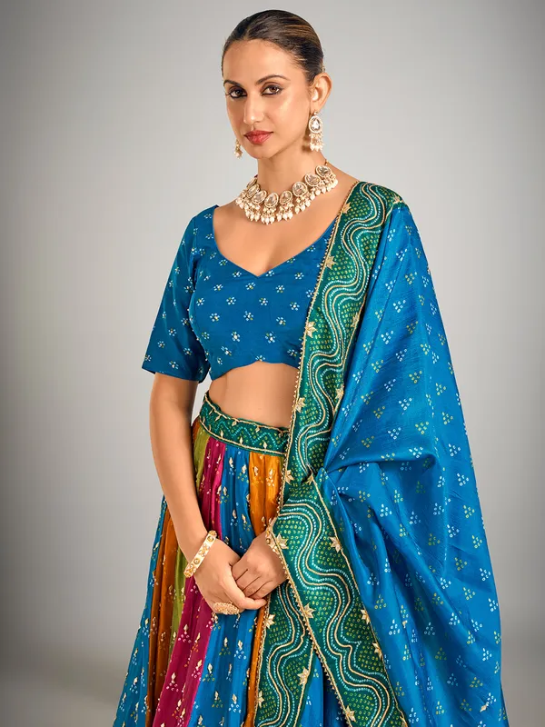 Blue bandhej print silk lehenga choli