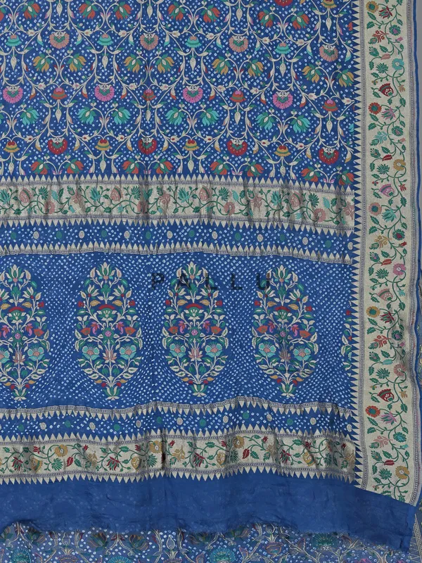 Blue bandhej silk saree with zari weaving