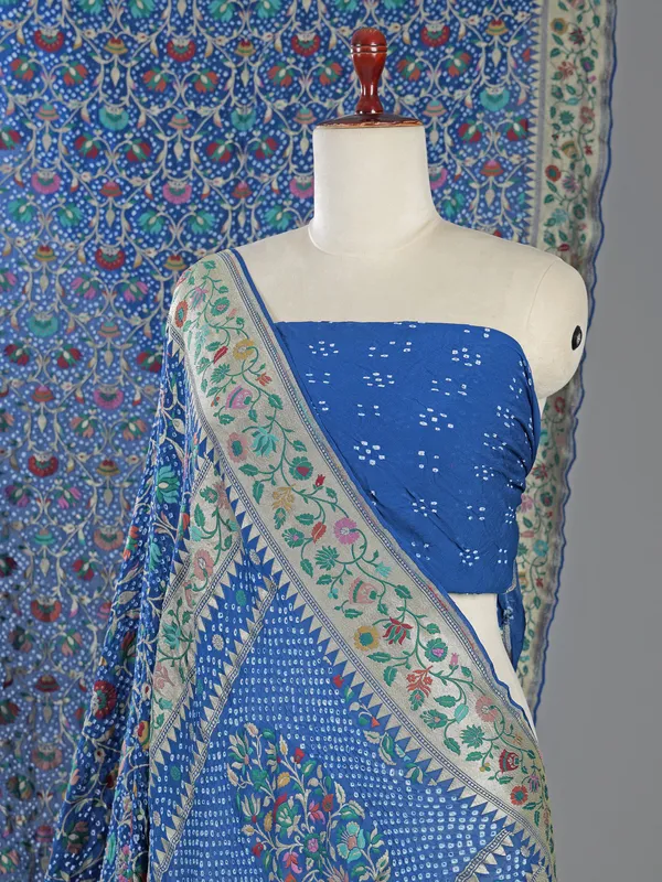 Blue bandhej silk saree with zari weaving