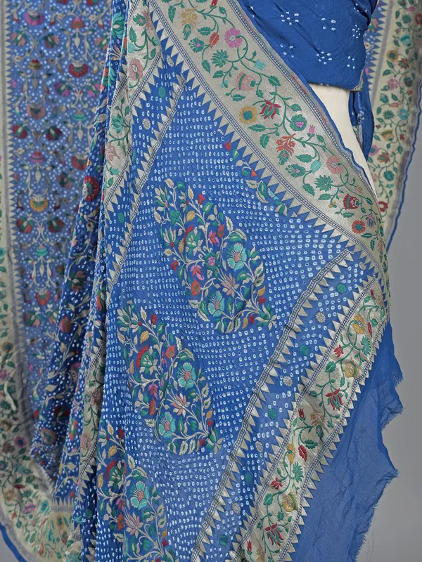 Blue bandhej silk saree with zari weaving