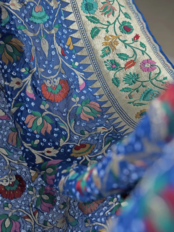 Blue bandhej silk saree with zari weaving